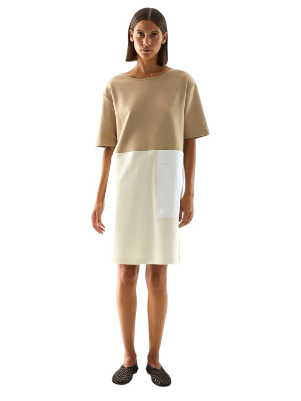 COS Two-Tone Beige/Cream Cotton Short Sleeve Shift Dress (L)